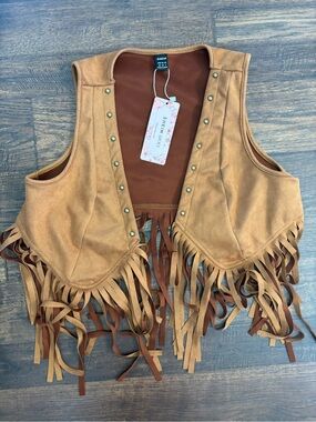 SHEIN Tan Suede-Look Studded Vest Mod faux suede fringe vest NWT